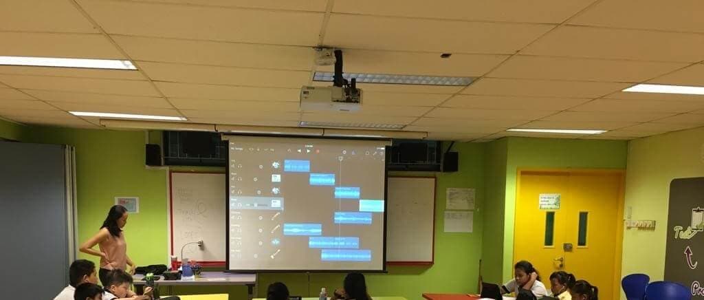 A GarageBand project with several tracks projected on a screen at the front of a classroom, with a few students at their tables along the bottom edge.