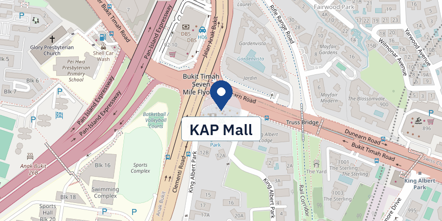 Map of KAP Mall, 9 King Albert Park, at the junction of Bukit Timah Road and Clementi Road